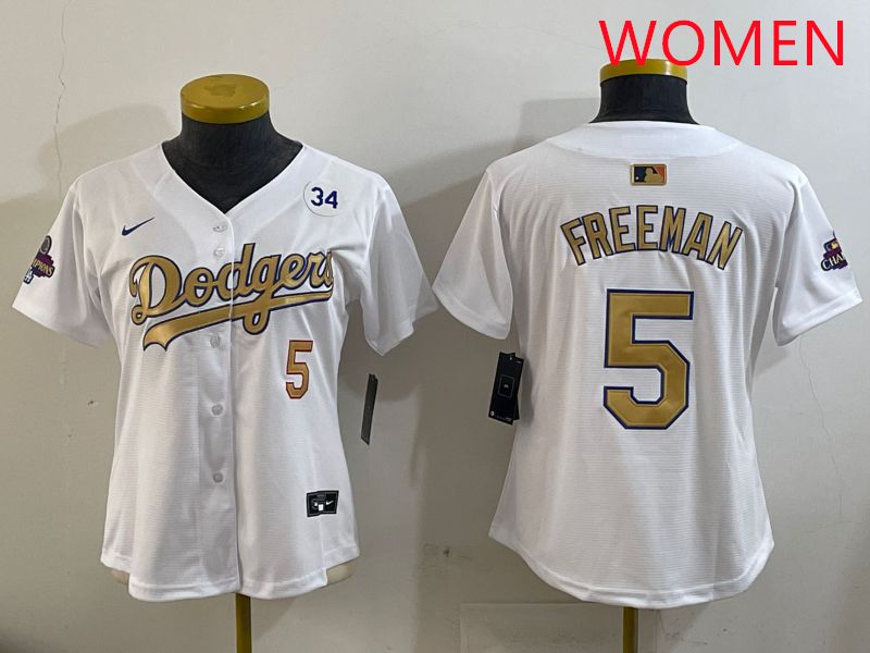 Women Los Angeles Dodgers #5 Freeman White Champion gold character 2025 Nike MLB Jersey style 2->women mlb jersey->Women Jersey